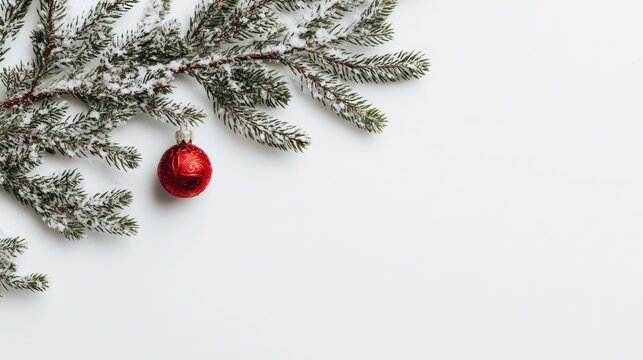 Minimalistic Christmas Card Layout with Fir Branch and Red Bauble - Powered by Adobe