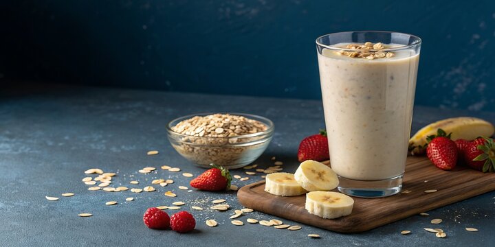 A creamy smoothie with oats, strawberries, and bananas on a dark blue background
