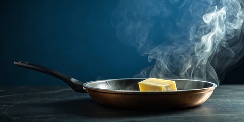 A cube of butter melting in a pan with steam rising against a dark blue background
