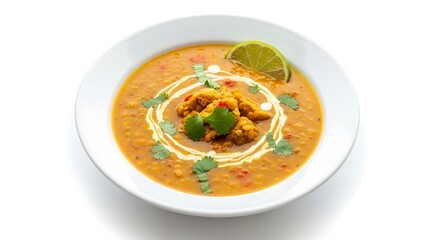 Lentil soup with chicken and lime on white background