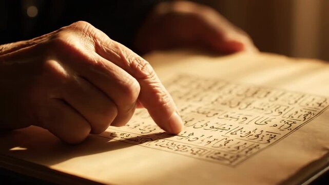 Close-up of old hand reading ancient script, knowledge and wisdom