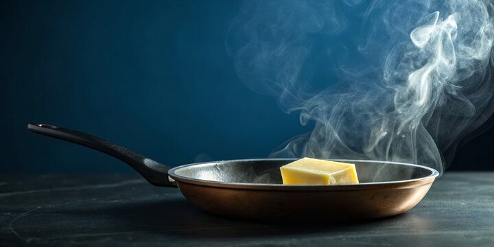 A cube of butter melting in a pan with steam rising against a dark blue background - Powered by Adobe