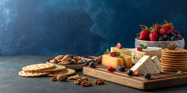 A cheese board with various cheeses nuts crackers and berries against blue backdrop