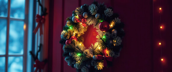 Festive wreath decorated with lights and ornaments for holiday celebrations