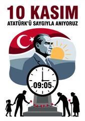 10 Kasim memorial day illustration with Ataturk silhouette, Turkish flag, sunrise symbol, people placing flowers and remembrance ceremony scene. flat vector illustration