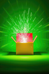 Surprise box exploding with vibrant sparks in bright green background during a festive moment
