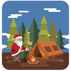 Santa Claus Camping - Roasting Marshmallows by Campfire in Forest.
