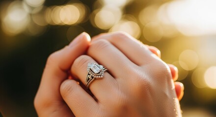 Engagement ring on gently clasped hands in romantic editorial style, golden bokeh tones, symbol of love and commitment