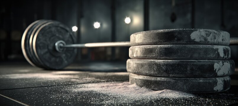 Weightlifting Belt and Chalk-Covered Barbell on Gym Floor in Moody Lighting - Powered by Adobe