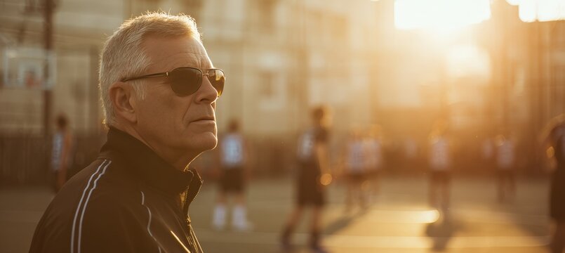 Veteran Coach Observing Scrimmage in Golden Evening Light