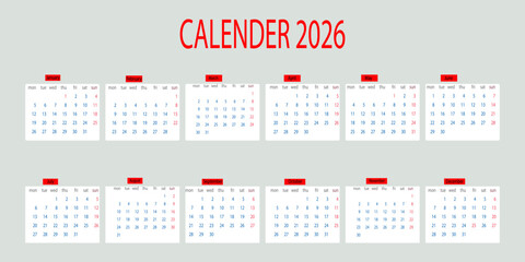 Calendar of the year 2026 twelve months with organized layout
