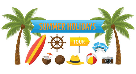 Summer Holidays and Tropical Travel Vector Icon Set with Palm Trees, Surfboard, Beach Ball, Camera, Steering Wheel, and Coconuts Illustration