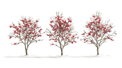 Three winter lilac trees with pale purple blossoms side by side on transparent background