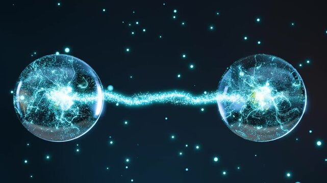 Futuristic 3D Animation of Two Glowing Quantum Spheres Connecting Through Dynamic Particles, Illustrating Quantum Entanglement, Atomic Structure, Energy Flow, Photon Motion, Molecular Orbit, 3d render