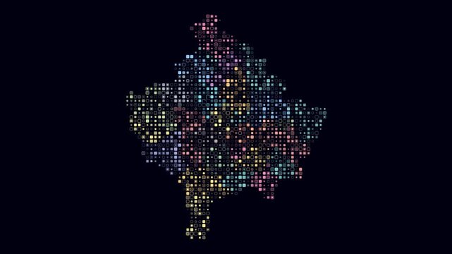 Kosovo animated country shape. Pulsating colored dots on the map of the country. Small size rounded square blocks. Digital style Kosovo map on dark background. Trending animation video.
