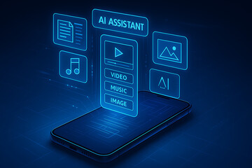 Ai assistant interface on smartphone with video music image document and ai icons in blue light