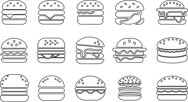 Burger fast food icon set collection group in black line style featuring sandwich, hamburger, cheeseburger, snack, meal, cuisine, deli, and food related synonym elements for restaurant branding 