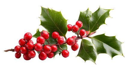 Holly sprig with vibrant red berries isolated on white background