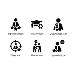 Experience, Mastery, Qualification, Talent, Mentor, Specialist, Black Icon Set