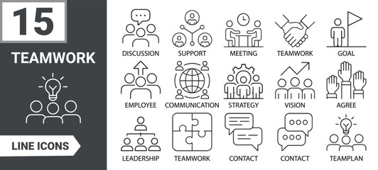 Teamwork Line Icons Set for Collaboration, Communication, Strategy & Leadership Sheet Vector Illustration