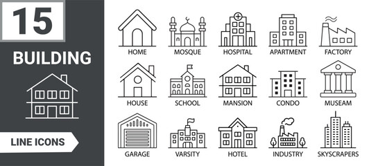 Building Line Icons Sheet. Architecture, Real Estate, Urban, Construction, Property Vector Illustration Set