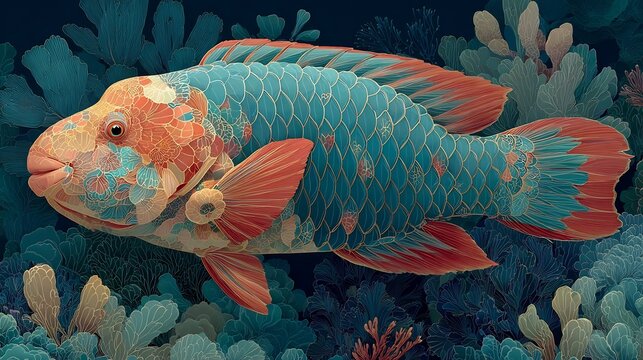 Colorful parrotfish vector artwork surrounded coral reefs tropical underwater wildlife clean vibrant illustration