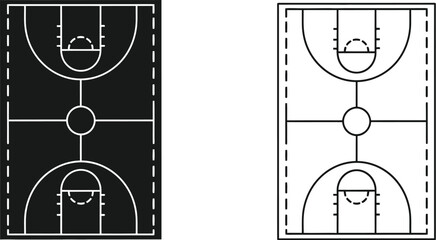 Basketball court diagrams black and white top down views for design
