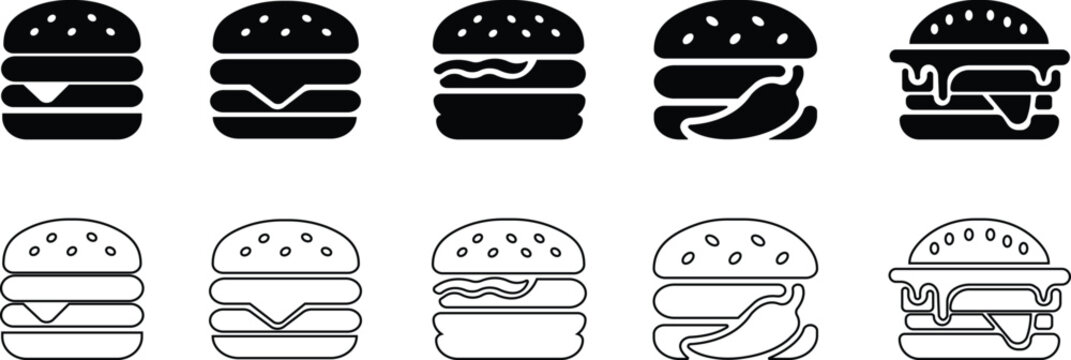 Burger fast food icon set collection group in black flat line style featuring sandwich, hamburger, cheeseburger, snack, meal, cuisine, deli, and food related synonym elements for restaurant branding 