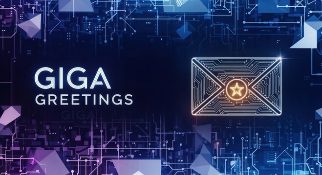 GIGA GREETINGS Digital Circuit Board Background with Glowing Envelope Icon and Star