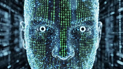 Eerie digital human face pulsing with data stream animation for futuristic AI, machine learning, and cyber security concepts - Powered by Adobe