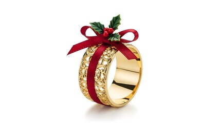 Luxurious golden Christmas napkin ring with red ribbon and holly, festive holiday table setting detail isolated on transparent background
