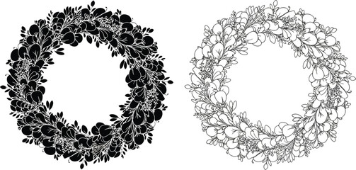 Two detailed floral wreaths one dark and one light presented in black and white