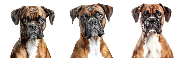 Three brown and white boxers dogs, each with a unique expression in front of a neutral backdrop.