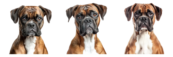 Three brown and white boxers dogs, each with a unique expression in front of a neutral backdrop.