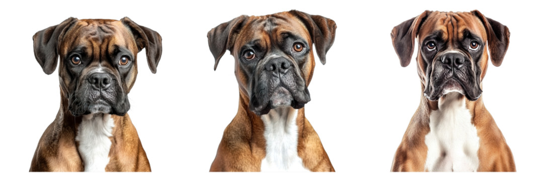 Three brown and white boxers dogs, each with a unique expression in front of a neutral backdrop.