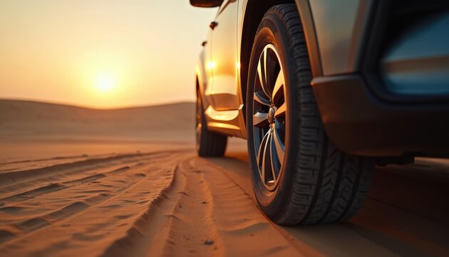 Modern car drives on sand in vast desert during golden hour sunset. SUV tire tracks visible on dry land, showing adventure travel, exploration journey. Sun reflects off auto paint, creating warm - Powered by Adobe