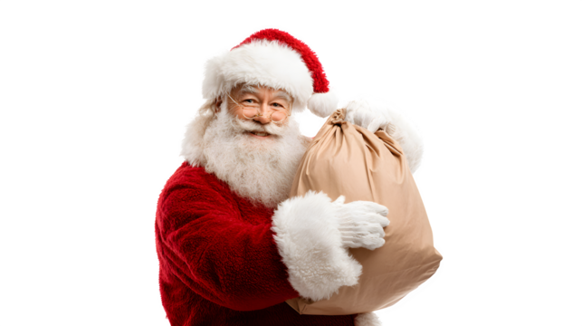 Jolly Santa Claus holding a gift bag smiling isolated on white background
