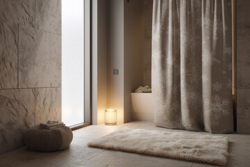 Fototapeta premium 겨울 무드의 따뜻한 욕실 인테리어와 샤워커튼