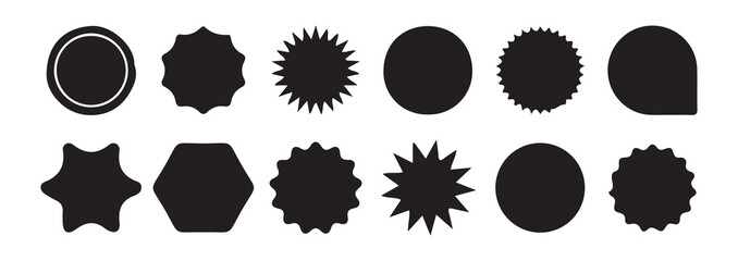 Set of black abstract badge shapes and starburst labels on white background for stickers and logos