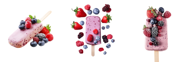 Delicious ice cream bars with berries on transparent background fun food photography scene
