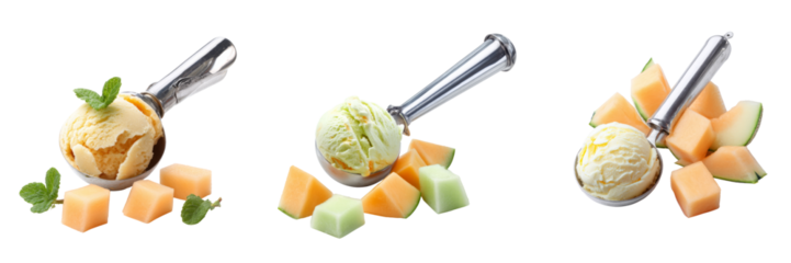 Delicious melon ice cream scoops on transparent background studio location food photography