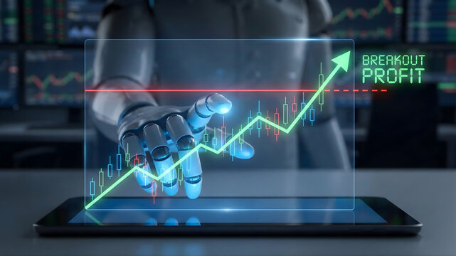 A robotic hand projects a holographic "Breakout Profit" candlestick chart with a green rising arrow over a tablet, symbolizing AI-driven financial trading and success.