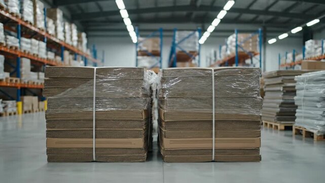 Stacks of folded cardboard in large warehouse environment.