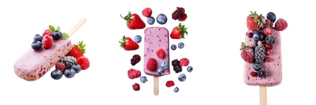 Delicious ice cream bars with berries on transparent background fun food photography scene
