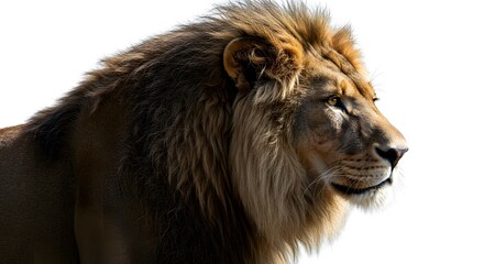 Majestic Male Lion in Profile on Pure White, Powerful and Elegant