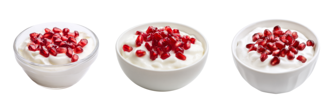 Delicious yogurt bowls with pomegranate seeds on transparent background food photography studio