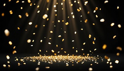 A falling golden confetti shining in the spotlight on a dark black background for a holiday, party and festive event with a dedicated place for text