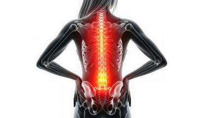 Human anatomy showing spine pain and lower back discomfort. medical illustration of spinal column inflammation or injury isolated on transparent background