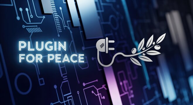 PLUGIN FOR PEACE concept with a digital plug and olive branch symbolizing global harmony and technological connection for a peaceful future