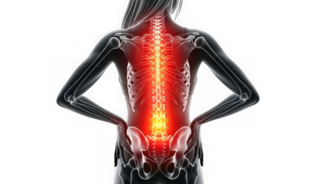 Human anatomy showing spine pain and lower back discomfort. medical illustration of spinal column inflammation or injury isolated on transparent background - Powered by Adobe